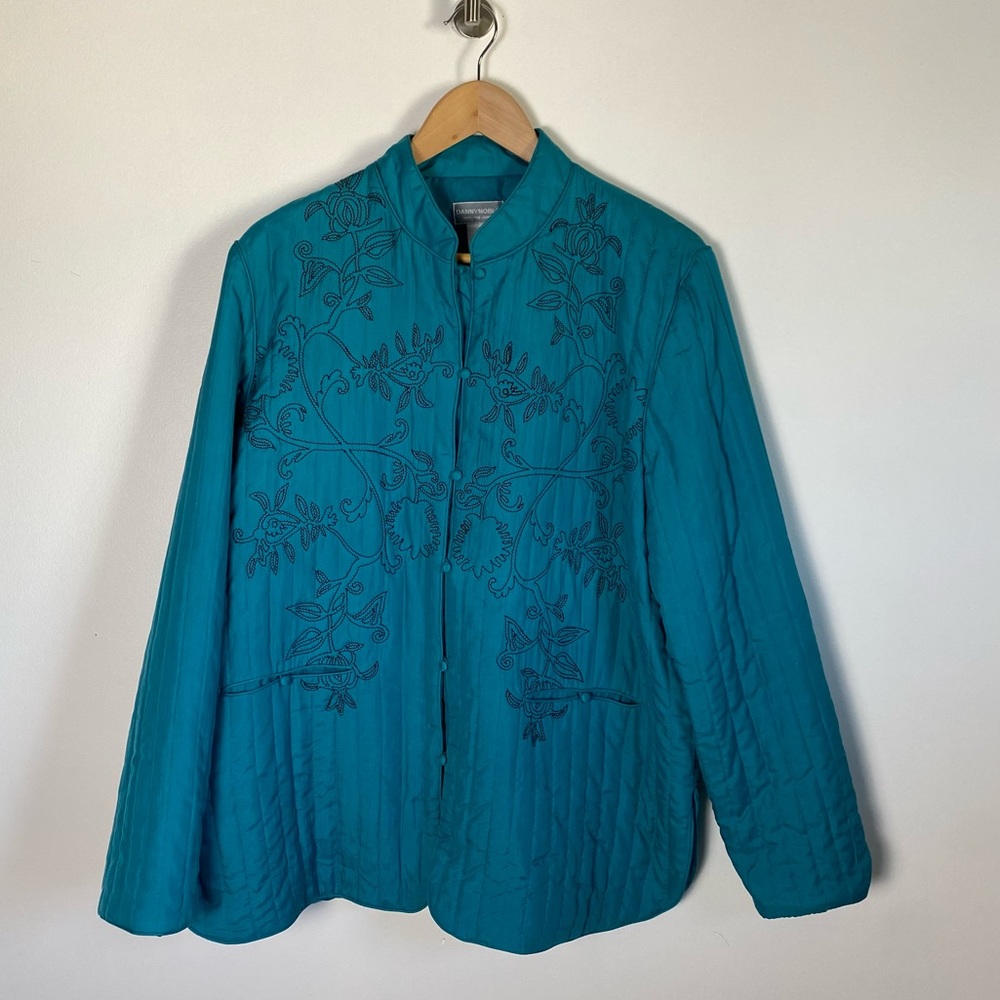 Quilted Silk Jacket Cardigan Teal Blue with Black Embroidery Size Large